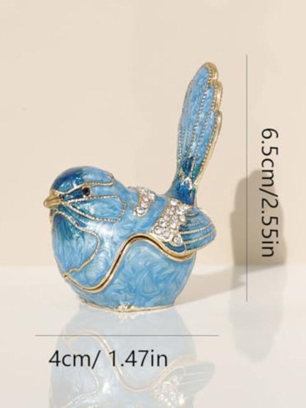 New - Exquisite Hand - Painted Enamel Blue Bird Trinket Box Hinged Rhinestone - Picture 3 of 3